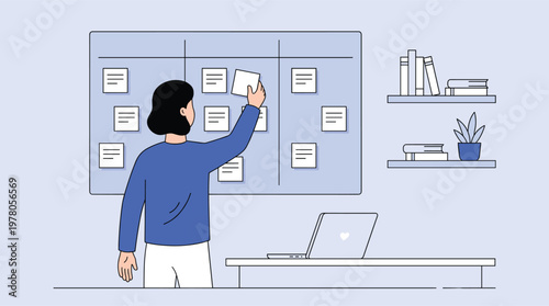 Woman organizing sticky notes on kanban board for task management and project planning in modern home office workspace illustration