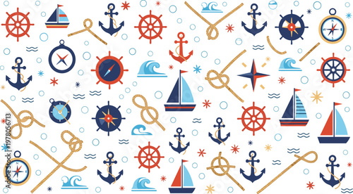 Seamless Nautical Pattern with Anchors Sailboats Ship Wheels Compass Waves and Marine Symbols in Flat Vector Style for Ocean Themed Design.