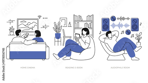 Modern home entertainment lifestyle showing people enjoying home cinema movie streaming, digital reading ebooks, and listening to audiophile music systems illustration