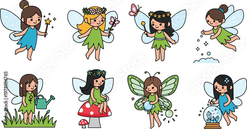 Fairy Vector Set Featuring Magical Fairies, Butterflies, Flowers, and Nature Elements for Fantasy, Children’s, and Whimsical Designs