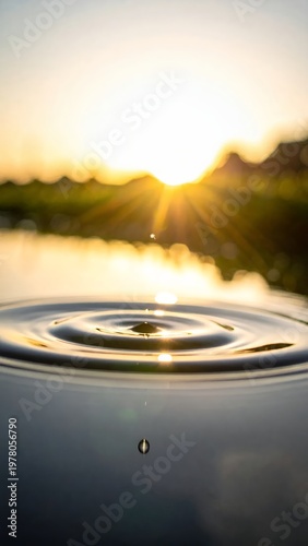 Water drop creating ripples at sunset.