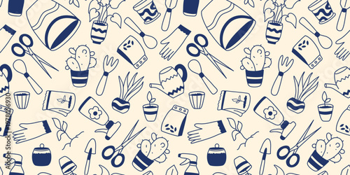 Seamless background featuring hand drawn tools, gardening accessories and plants. Houseplant care, doodle pattern. Flower pots, plants, scissors, watering can, seeds and planters create print. Vector 
