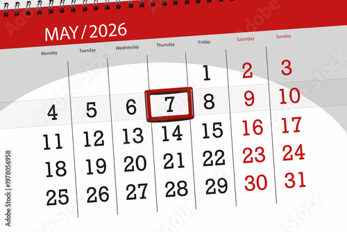 Quadro su tela Calendar 2026, deadline, day, month, page, organizer, date, May, thursday, numbe