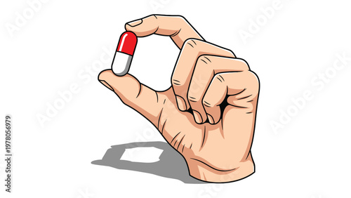 Vibrant cartoon illustration of a human hand delicately holding a single red and white capsule pill, symbolizing medication, healthcare, and pharmaceutical treatment.