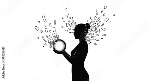 Silhouette of a woman holding a glowing sphere, with abstract shapes emanating from her head.
