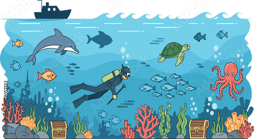 Underwater Ocean Scene with Scuba Diver Dolphin Turtle Octopus Fish Coral Reef Treasure Chest and Sunken Ship in Flat Vector Illustration Style.