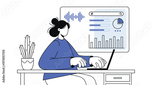 Woman working on laptop analyzing audio data visualization with sound waveforms, search functionality, and statistical chart metrics illustration