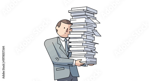 Man holding large stack papers.