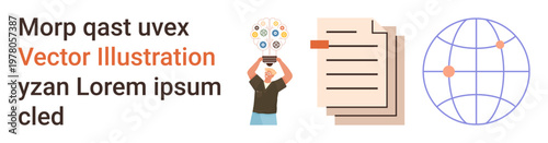 Technology, global communication, data sharing, innovation, brainstorming, organization. Person holding a light bulb, documents globe with network points. Technology and global communication concept