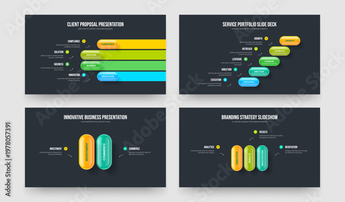 Market Showcase 4 5 2 3 Step Infographic Slideshow Design Set. Professional Overview Four Five Two Three Option Diagram Slide Layout Vector Illustration Collection.