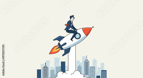 Businessman Riding Rocket Ship Upward.