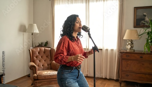 Young Woman Singing into Microphone with Passion and Focus in a Cozy Living Room Setting.