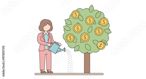 Woman Watering Money Tree Plant.