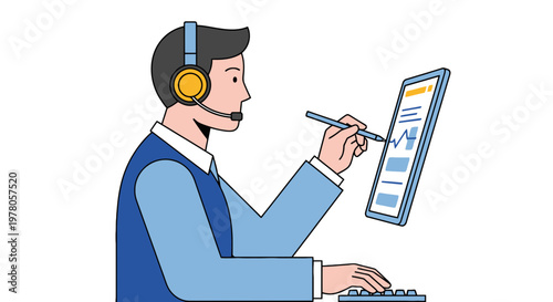 Man wearing headset working on computer.