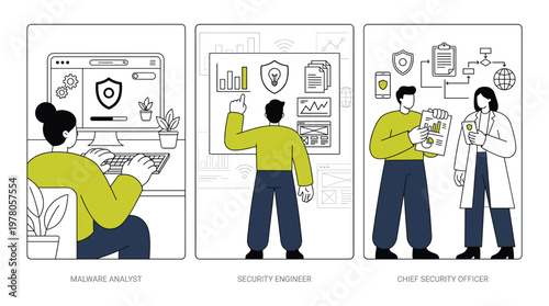 Cybersecurity team roles including malware analyst monitoring threats, security engineer analyzing data, and chief security officer managing protection illustration