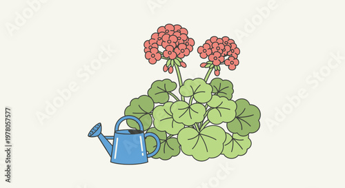 Blue Watering Can with Green Leaves.