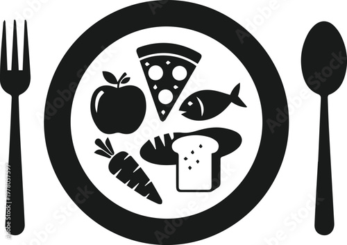 Food variety plate with fruit fish bread pizza and vegetables silhouette icon