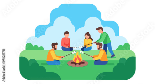 Friends Roasting Marshmallows Over Campfire Outdoors
