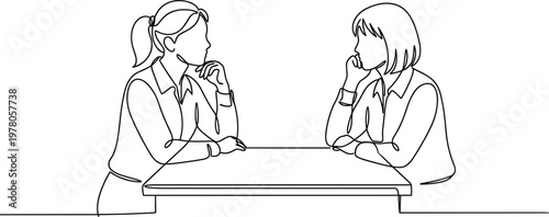 Continuous line drawing of two women sitting at table having conversation discussing ideas in casual meeting scene