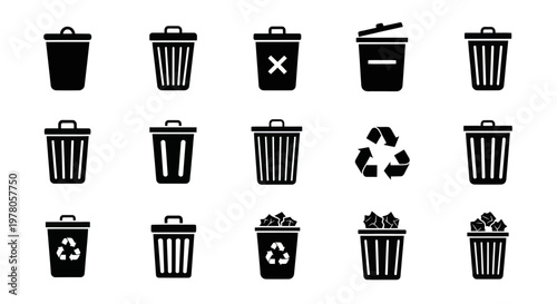 Tableau sur toile Recycling Bin Icons: Trash Cans, Waste Bins, and Recycle Symbol Set