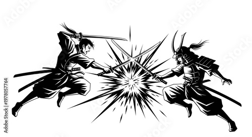 Samurai warriors clashing swords in epic battle, dramatic action illustration