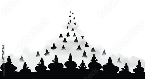 Silhouettes of people meditating in a peaceful, spiritual gathering, reaching towards the light.