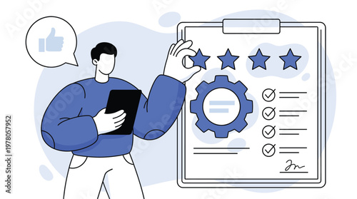 Professional man providing positive feedback with thumbs up while reviewing quality assurance checklist with five star rating illustration