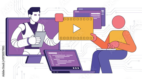 Online video conference meeting with remote participants sharing multimedia content through digital screen with coding interface illustration