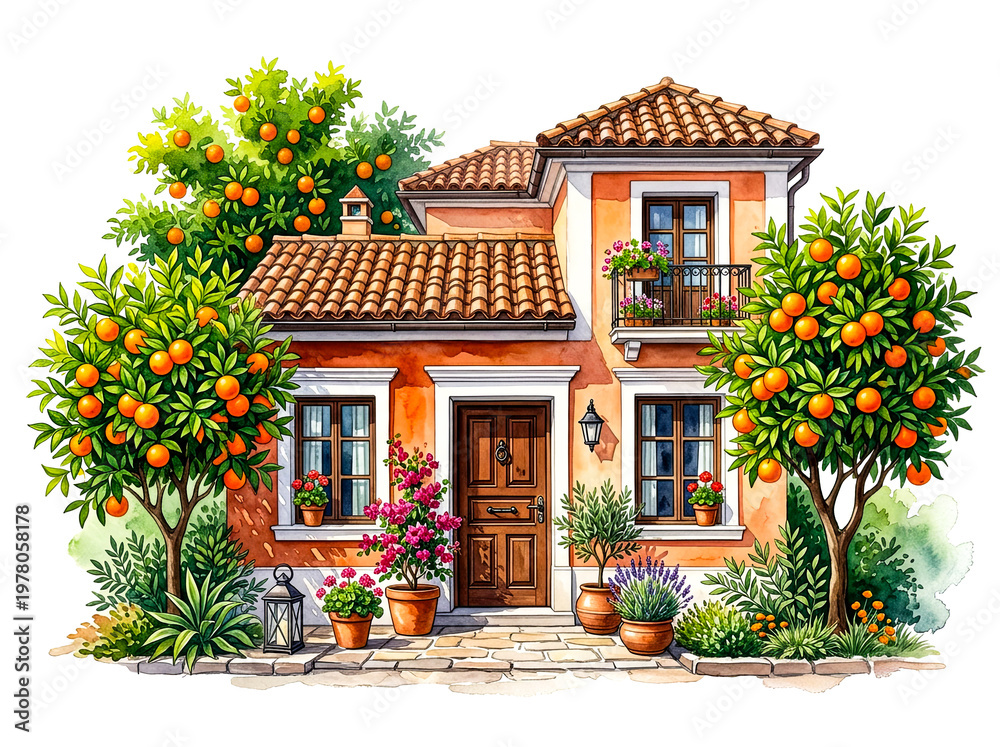 Fototapeta premium Watercolor illustration of a house with orange trees
