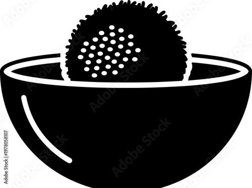 Black and white vector icon of a round food ball like a meatball or falafel inside a ceramic bowl isolated on a white background for design