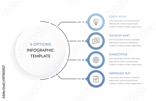 Infographic template with a central circle connected to four options for data visualization and process explanation in business presentations
