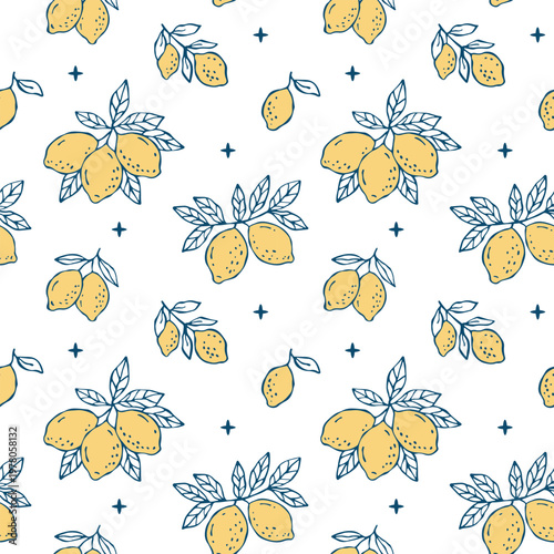 Seamless Mediterranean pattern with hand-drawn vector colored lemons, perfect for kitchen, dining, and home decor designs