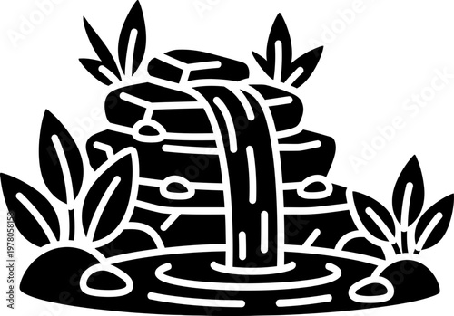 Black silhouette waterfall icon of a decorative garden cascade flowing over rocks into a small pond with lush surrounding tropical plants