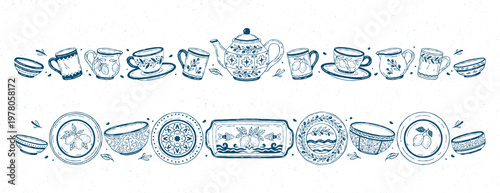 Hand-drawn vector Mediterranean ceramic border set with tea and dining tableware including cups, mugs, teapot, plates, bowls, and serving dishes decorated with lemons, olives, and  botanical motifs