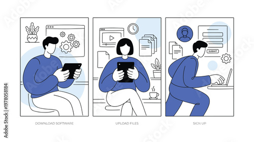 Digital user journey showing software download installation, file upload management, and online account registration signup process illustration