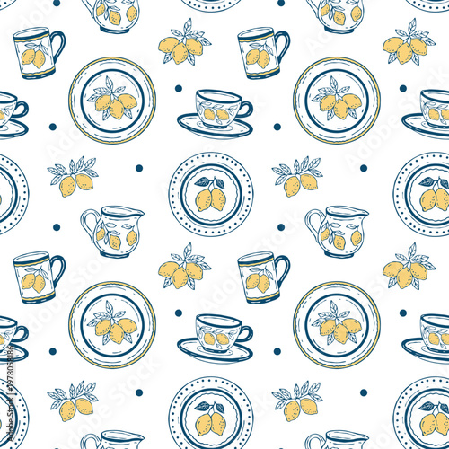 Seamless Mediterranean pattern with hand-drawn vector colored ceramic tableware, including plates, cups, mugs, creamer, all decorated with lemon motifs