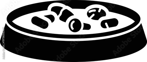 Black and white pet bowl icon with dry food kibble inside for cat or dog feeding and animal nutrition vector illustration on white background