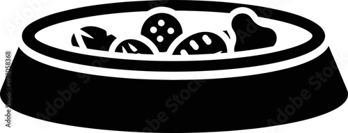 Black and white vector icon of a dog food bowl filled with crunchy kibble snacks for pets and domestic animal feeding equipment isolated