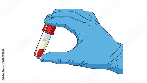 Medical professional's blue gloved hand carefully holding a test tube containing a blood sample with plasma and cells.