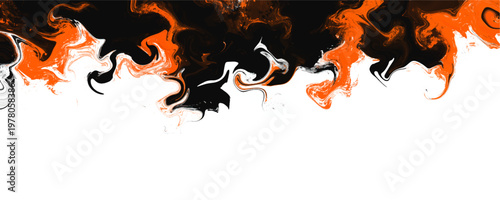 Abstract black and orange fluid liquid marble texture splash background. The dramatic modern acrylic paint pour leaves blank copy space for trendy web banners.
