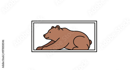 Brown Bear Lying Down in a Rectangular Frame, Simple Cartoon Style