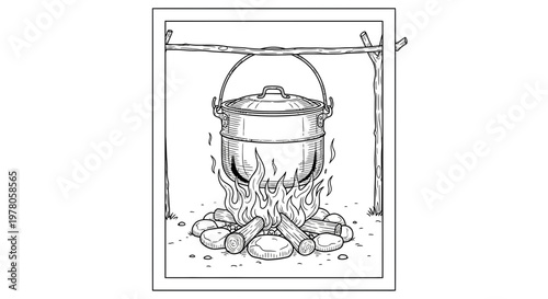 Campfire Cooking Pot Hanging Over Flames, Outdoor Adventure Meal Preparation