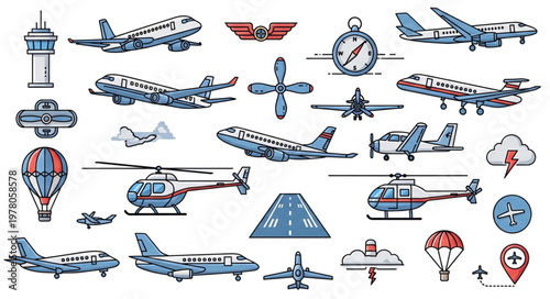 Collection of various aircraft and aviation elements.
