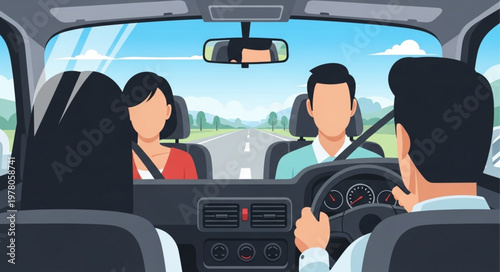 People driving in a car on a sunny day.