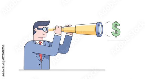 Businessman looking through telescope at money.