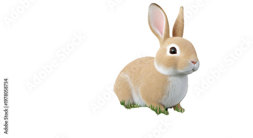 Cute Tan Rabbit with Grass on White Background