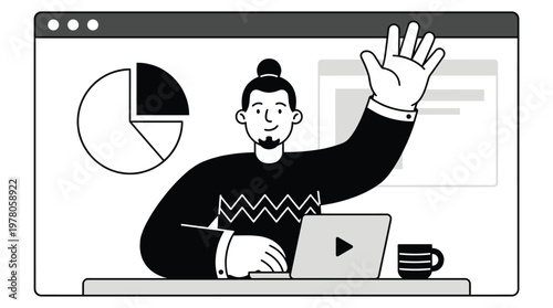 Professional man presenting business analytics data with pie chart during virtual online presentation meeting waving to audience illustration