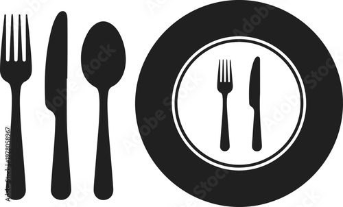 fork knife spoon and plate cutlery silhouette dining table icon set