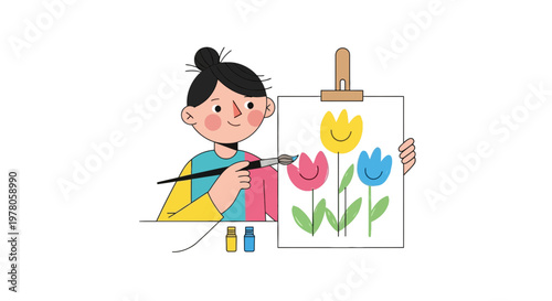 Little girl painting colorful tulips.