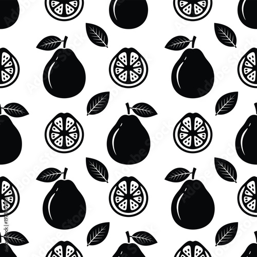 Seamless pattern with black pears and citrus slices on transparent background.